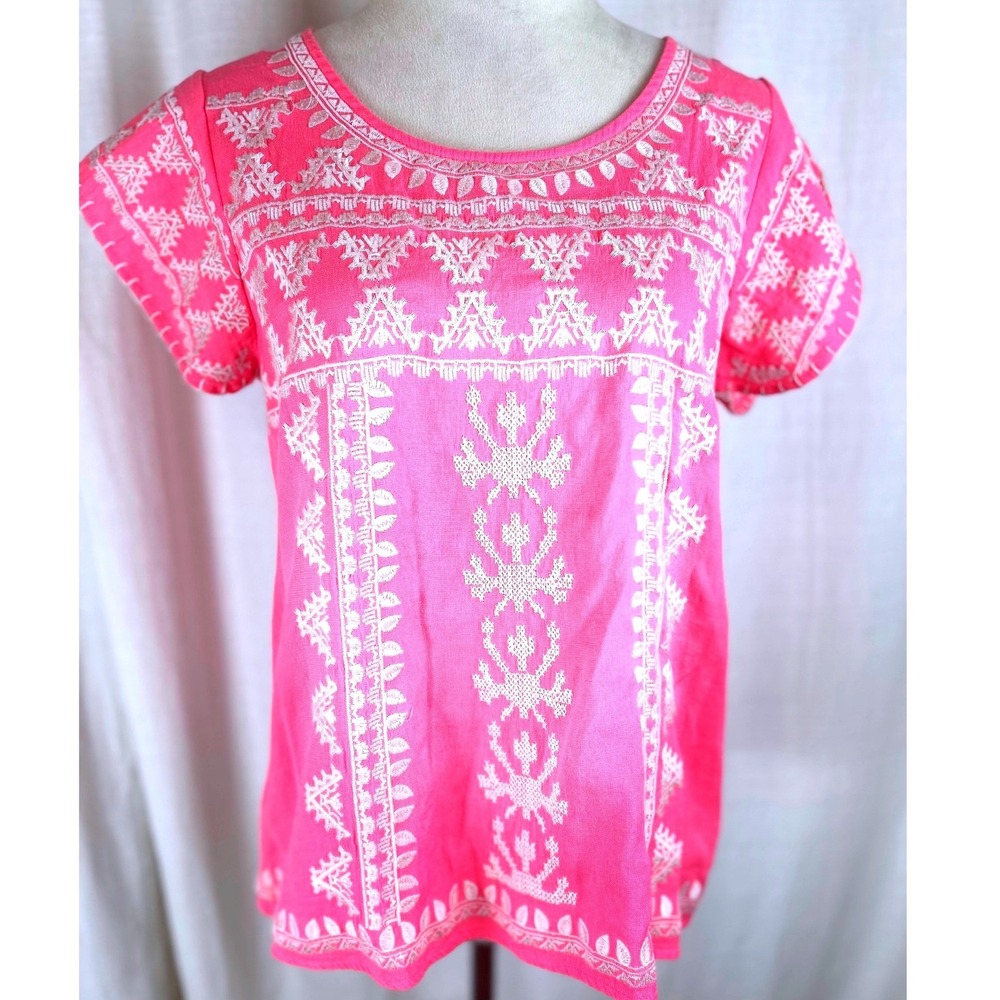 THML Embroidered Boho Peasant Top Pink White Tribal Short Sleeve Women Medium